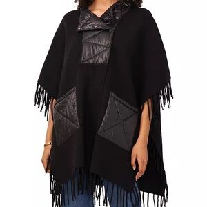 VINCE CAMUTO Black Fringe Poncho with Quilted Accents